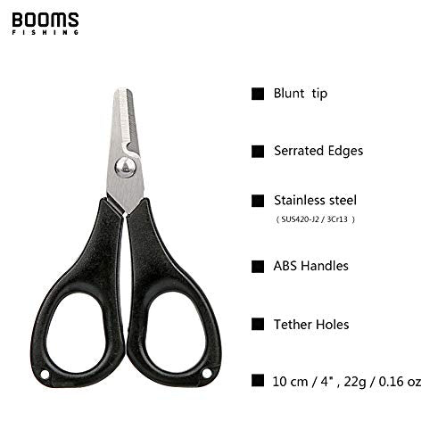 Booms Fishing S01 Fishing Scissors for Braided Line, Fishing Line Cutter Saltwater and Freshwater, Fishing Serrated Shears with Retractor, 3.9” Black