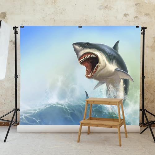 15x10ft Fabric Shark Theme Backdrop Blue Ocean Emerging White Shark Animal Photography Background Aquarium Kids Party Decorations Photo Banner Photo Shoot Props - size: 15x10 FT