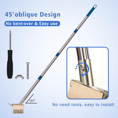 Moss Grout Remover Brush Tool with Detachable 64.9Inch Handle for Outdoor Concrete Deck Pavers Patios Walkways Crevice Cleaning, 2 Pcs Metal Wire Brush Heads with Crack Scraper Weeder Puller