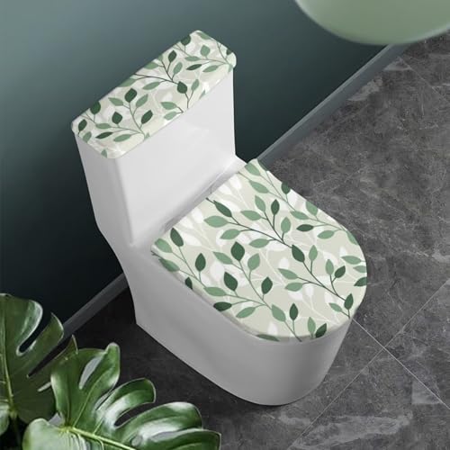 Polyester Toilet Lid Cover and Toilet Tank Lid Cover 2 Pcs, Durable Fabric Dust Cover with Elastic Edge Bathroom Decor Fit Most Round Elongated Oblong Lids, Green Leaves - color: Green Leaves