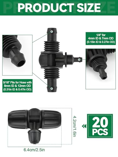 Kalolary 20PCS Locked Barbed Tee Connectors, 5/16" to 1/4" Drip Irrigation Fittings Kit 8/12mm to 4/7mm Tube Lock Female Connector 3-Way Barbed Lock Irrigation Parts for Watering System (Black) - color: Black 5/16" to 1/4" 3-Way