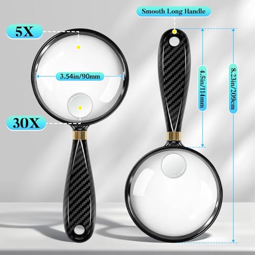 5X 30X Large Magnifying Glass for Reading, 90mm Upgraded Handheld Magnifier with Wide Handle, Magnifying Glass for Seniors Close Work Newspaper Nature Exploration, Hobby