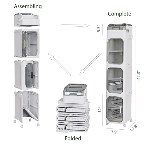 BINSIO 4-Tiers Toilet Paper Storage, Slim Bathroom Organizers and Storage, Bathroom Counter Organizer, Bathroom Organizer Storage Cabinet, Portable Laundry Room Organization, Plastic White Clear Doors - size: 4 Tiers