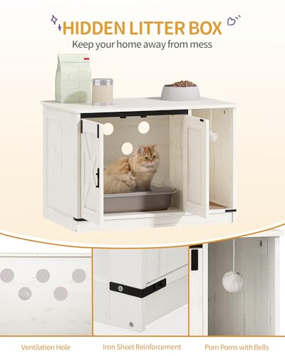 Hzuaneri Cat Litter Box Enclosure, Hidden Litter Box Cabinet Furniture with Bell, Indoor Cats House, Farmhouse Style, 31.5 x 19.7 x 20.9Inches, for Hallway, Bedroom, White CB82414B - color: White, size: 31.5"L x 19.7"W x 20.9"H