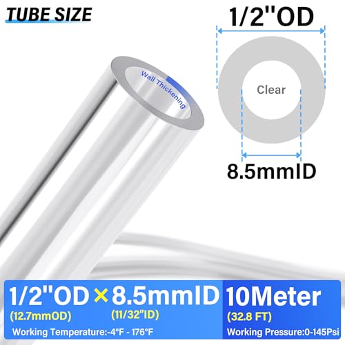 TAILONZ PNEUMATIC Clear 1/2 Inch OD 10 Meter 32.8ft PU Polyurethane Air Tubing Kit Pipe Hose Air Line Tubing Air Hose Fittings Push to Connect Fittings(27PCS) - color: Clear, size: 1/2" OD - 32.8 FT