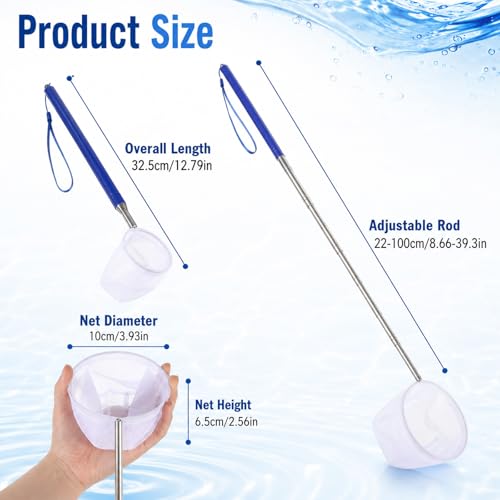 Aquarium Fish Net, Aquarium Shrimp Net 4 Inch Small Fish Tank Shrimp Net with 8.6" to 39" Long Extendable Stainless Steel Handle Round Fine Mesh Aquarium Debris Cleaning Tools