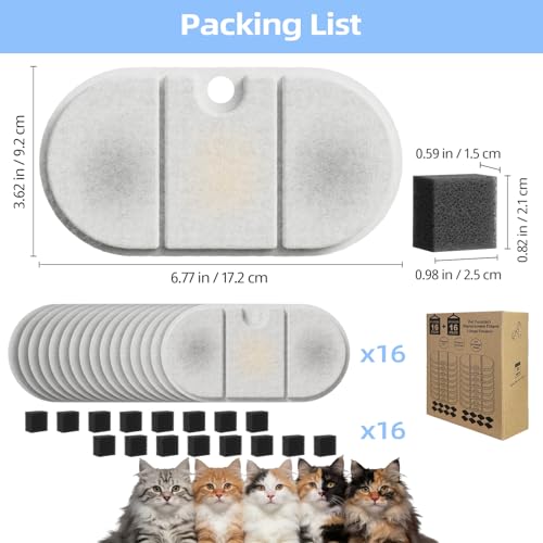 16 Pack Cat Water Fountain Filter Replacement for PLWF002 71oz/2.1L Capsule Pet Water Fountain with 8 Pre-Filter Sponges, Pet Fountain Filter Replacement with Four Filtration System, BPA-Free - size: 16 Filters+16 Sponges