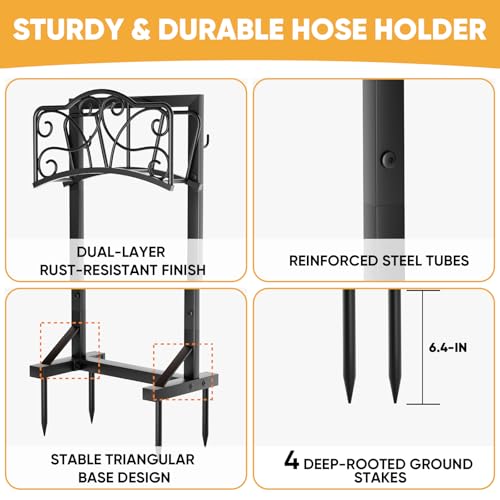 Heavy-Duty Garden Hose Holder with Tool Hooks and Stable Base, XEAPOMS Metal Hose Hanger Garden Hose Storage Holds 160Ft, Rustproof Freestanding Water Hose Holder for Outside, Yard, Lawn, Farm - color: Deep Black