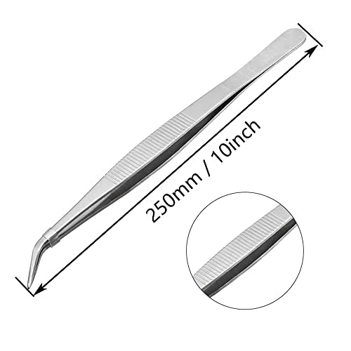 10 Inch Bent Tip Long Forceps Tweezers, Serrated Flat Tips Precision Curved Surgical Tongs Jewelers Needle Metal Sewing Sharp Kitchen Cooking Tweezers With Teeth Knurled Handles (1PCS-250mm) - color: Bent -1pcs-10inch