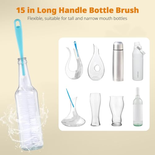 OUTXE 5 Pack Bottle Brush Set, 5-in-1 Water Bottle Cleaner Brush, 15"" Long Handle Bottle Cleaning Brush, 3 Straw Brush, Removable Nipple Brush, Detail Brush for Cup Lid Gap, WBBSBLB5 - color: Green, size: 5-in-1 Brush + Long Handle Brush