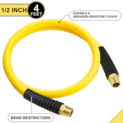 1/2 Inch x 4ft. Hybrid Air Hose with 1/2 in. MNPT Ends and Bend Restrictors, 1/2” FNPT to 3/8”&1/4”MNPT Reducer, Air Compressor Hose Fittings and Accessories