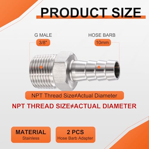 2 Pack Stainless Steel Hose Barb to g Male Adapter, 10mm Barb x 3/8" g Male for Industrial, Automotive, Fluid Transfer, Home Gardening, and Water Treatment - size: 10mm Barb To 3/8" G Male