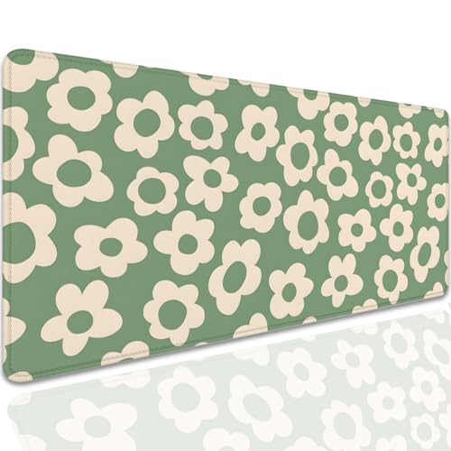 Green Daisy Flowers Desk Pad Mouse Pad,Large Daisies Floral Mouse Mat with Stitched Edges,Non-Slip Rubber Base Mousepad for Office PC Keyboard Laptop and Home Work Desk Mat(27.5X11.8 in) - color: Green Daisy