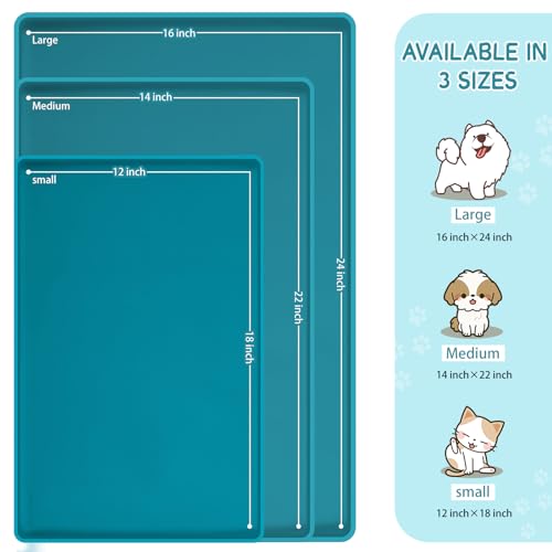 MateeyLife Silicone Cat & Dog Food Mat for Floors Waterproof, Anti-Slip Dog Bowl Mats for Food and Water, Pet Feeding Mats with Lip to Prevent Spills, Pet Placemat for Messy Drinkers to Protect Floors - color: Teal, size: 24''×16''