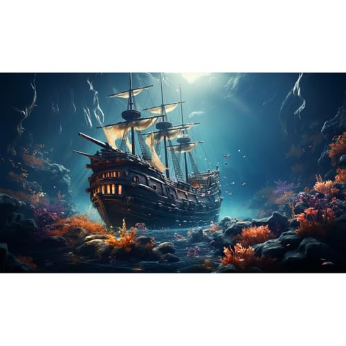 Sunken Ship Aquarium Background Undersea Pirate Shipwreck Fish Tank Background Tropical Coral Reefs Ocean Seabed seascape Reptile Tank Backgrounds Tropical Marine Life Terrarium Backgrounds 24x12in - color: Blue Purple, size: 24(W)x12(H)inches/ 60(W)*30cm
