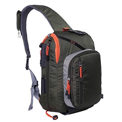 Kylebooker Fly Fishing Sling Pack Lightweight Fishing Tackle Storage Shoulder Bag Multiple Pockets for Trout Freshwater Saltwater Fishing - color: Army Green