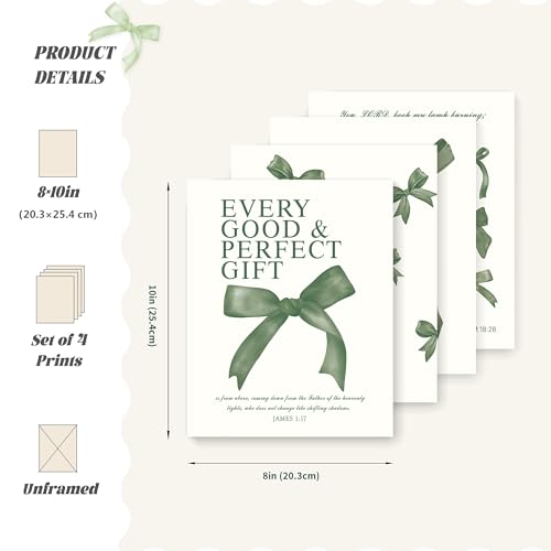 LARTSFRO Coquette Green Bow Wall Art Decor Posters, Olive Green Bow Christian Room Bedroom Bathroom Dorm Wall Art Decor Aesthetic for College Teen Girls Gifts, Inspirational Bible Verses Bow Wall Decor, 10x8 Inch Set of 4 Pcs Bow Pictures (UNFRAMED) - col