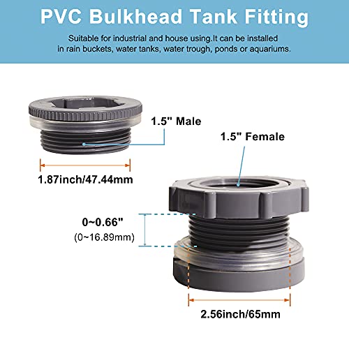 Ququyi 1.5 Inch PVC Bulkhead Water Tank Connector Adapter Fitting with Plugs Thru-Bulk Pipe Fitting for Rain Barrels, Aquariums, Ponds(Set of 2) - size: 1.5"-2pcs