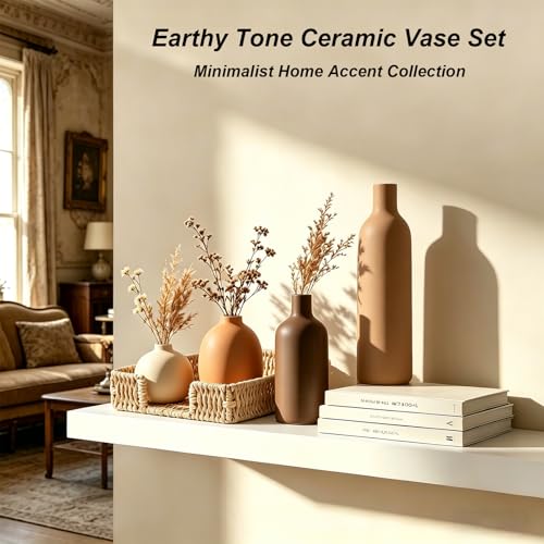 Upgraded Ceramic Vases Set for Home Decor, 4 Piece Modern Neutral Room Decor Desk Vase Bedroom Decor Flower Vase for Table Shelf Office Kitchen, Happy Birthday Gifts for Women Mom Men (Oval-4pcs) - color: Oval-4pcs