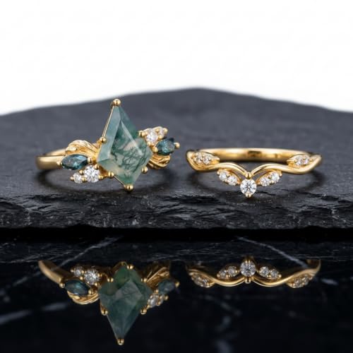 Natural Moss Agate Engagement Ring Set for Women, Unique Genuine Moss Agate Ring, 925 Sterling Silver 10K 14K 18K Solid Gold Nature Inspired Bridal Set, Boho Wedding Jewelry Gift - color: One