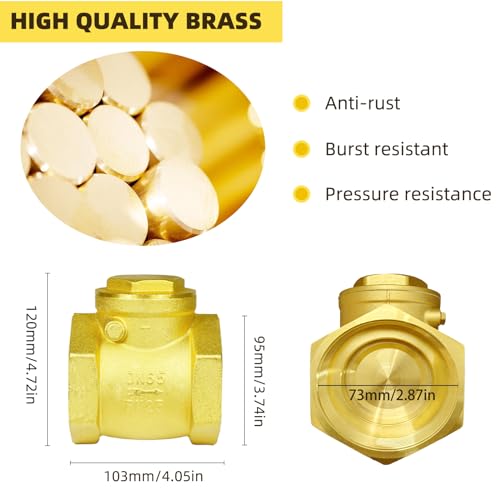2 1/2" Swing Brass Check Valve DN65, One Way Oil Water Fuel Gas Air Check Valve to Prevent Water Backflow for Sump Pump and Air Compressor - size: 2-1/2inch（DN65）