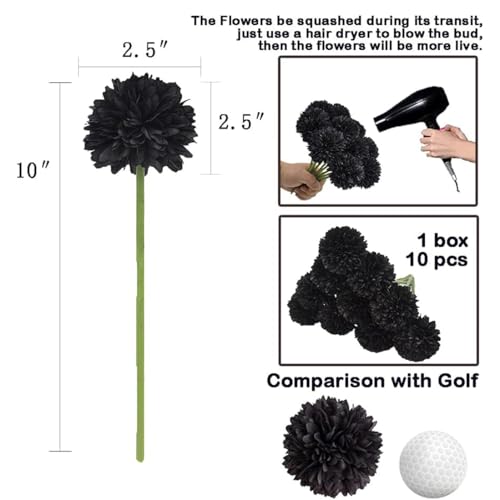 Kimura's Cabin 20Pcs Black Chrysanthemums Artificial Flowers Faux Silk Mums with Stem Balls Flowers for Halloween DIY Arrangement Home Party Table Centerpieces Decor Vase Fillers - color: Black
