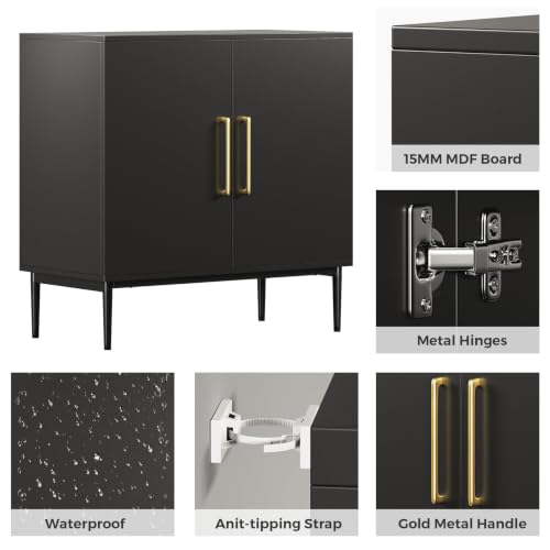 Set of 3 Black Storage Cabinet with Doors, Modern Accent Cabinet, Free Standing Cabinet with Adjustable Shelf, Wooden Buffet Sideboards for Living Room, Kitchen, Dining Room, Entryway - color: Black丨flat Panel, size: 3 Pieces
