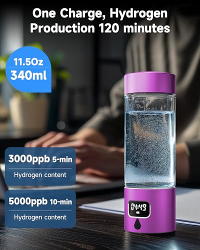 Hydrogen Water Bottle - Portable, Rechargeable, LED Timer, Aluminum and Glass, 5000 PPB Hydrogen in 10 Minutes, 340ml Capacity, for Husband, Friend & Family, for Travel, Sports, Home, Office(Purple) - color: Purple