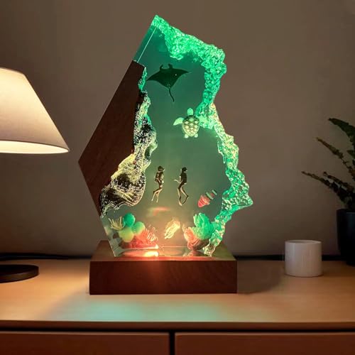 Handmade 3D Ocean Resin Lamp - USB Powered Resin Ocean Night Light with Wooden Base, Variable Lights, Scuba Diver Gifts, Diving Enthusiast Collectibles, Unique Birthday Holiday Gifts for Men & Women - color: Scuba Diver-1, size: M