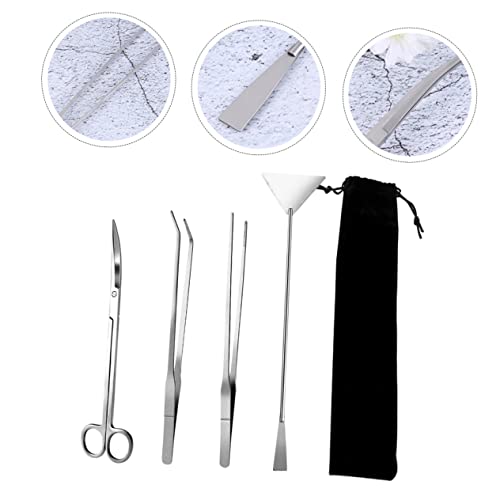 POPETPOP 1 Set Stainless Steel Aquarium Cleaning Tool Aquascaping Kit with Straight and Curved Tweezers Scissors and Storage Pouch for Fish Tank Maintenance and Plant Care