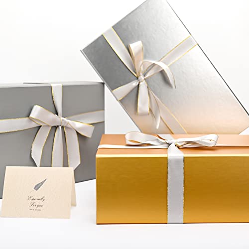 LIFELUM Gift Boxes with Lids,2 Pack 13.85 x 8.35 x 4.45 inch Gold Gift Boxes with Magnetic Lid and Ribbon, Card, Shredded Paper Filler Empty Gift Box for Christmas,Valentine's day,Birthdays - color: Gold, size: 1 count (Pack of 2)