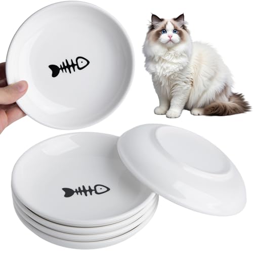 Cat Food Bowl Set of 6, Ceramic Cat Bowls, Anti Whisker Fatigue Cats Bowl Set,5.9 Inches Shallow Wide Kitten Plates for Wet/Dry Food, Indoor Pets (Fish Bone) - color: Fish Bone, size: 6pc