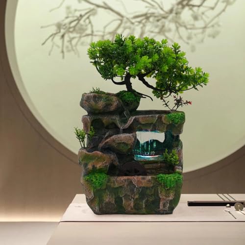 Rockery Water Fountain, Creative Feng Shui Wheel Waterfall with Reliable Circulating Pump and Color-Changing LED Lights, Compact Desktop Decor for Living Room, Office, Bedroom Ambiance - size: E