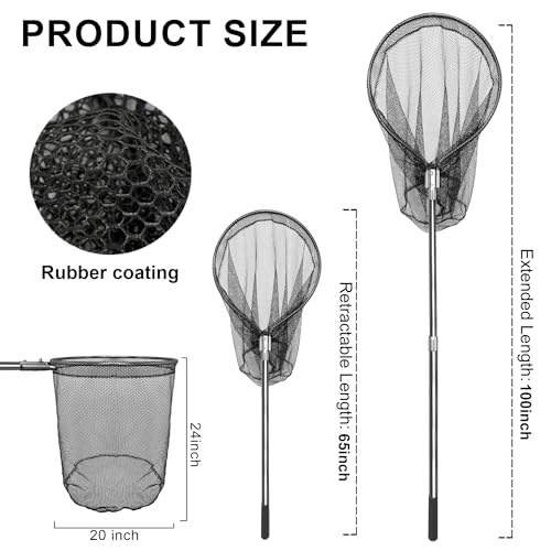 Heavy Duty Extra Large Rubber Fishing Net - Aluminum Telescoping Handle (67-100in), 20in Net Opening for Saltwater Fishing