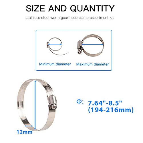 Quickun 10Pcs 8" Stainless Steel Hose Clamp Worm Gear Clamps Adjustable 7.64"-8.5"(194-216mm) Range, Fuel Line Clamp for Water Pipe, Hose Clips, Automative and Mechanical Application - size: 7.64"-8.50"