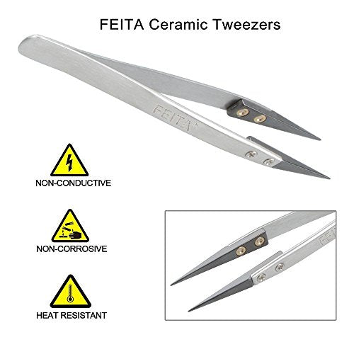 FEITA Black Pointed Ceramic Tip Tweezers - Precision Stainless Steel Tweezer for Electronic Repair, DIY Hobby (1 Pc) - color: Black Head