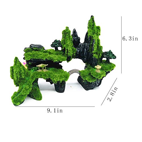 Tfwadmx Fish Tank Mountain View Decoration Aquarium Stone Ornament Bridge with Moss Tree House Cave for Small Betta Shrimp Hide