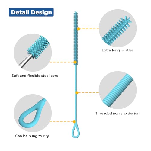 YOTIME Silicone Straw Cleaner Brush, 2Pcs Reusable Straw Brush Extra Long for Cleaning Tumbler with Handle and Glass Metal Smoothie Straws, Non-slip Handle Soft and Bendable, 6mm+9mm, Blue - color: Blue