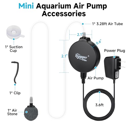 hygger 1.5 Watt Mini Aquarium Air Pump, Quiet Aerator with Air Stone Tubing Suction Cup Clip, Small Fish Tank Bubbler Oxygen Pump for 1 to 15 Gallon Betta Tank, Fish Bowl, Desk Small Tank