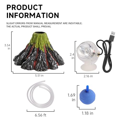 Aquarium Volcano Ornament Kit, Bubbler Decorations for Aquarium, Colorful LED Aquarium Light, Resin Volcano with Air Stone and Airline Tube for Fish Tank Decor and Oxygenation