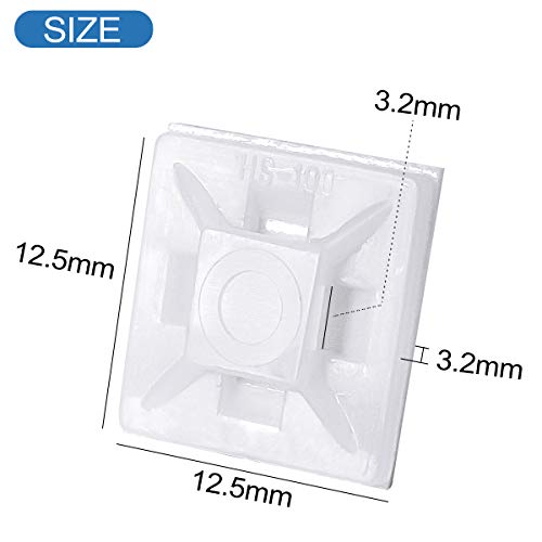 XHF 200 PCS 1/2" White Self Adhesive Cable Zip Tie Mounts Wire Cable Clips Holders Management Anchors Organizer Holders Squares(HS-100) - color: White, size: 1/2"-200pcs