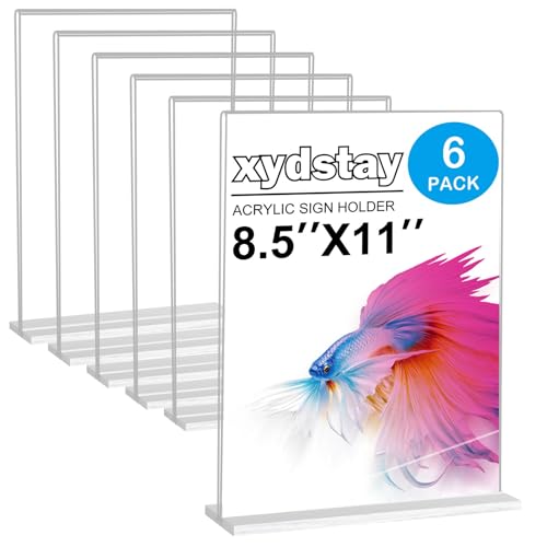 xydstay 6pack Acrylic Sign Holder 8.5 X 11, Vertical T Shape Clear Plastic Sign Holder, Menu Holder, Table Display Stand for Restaurant, Office, School, Store and Home Use
