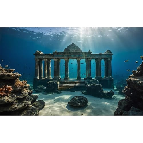 Under The Sea Scene Aquarium Background Tranquil Underwater Ancient Temple Fish Tank Background Deep Blue Sea Sunray Terrarium Backgrounds Blue Ocean Sunken Temple Reptile Tank Backgrounds 48x18in - color: Blue_Dark Brown, size: 48(W)x18(H)in