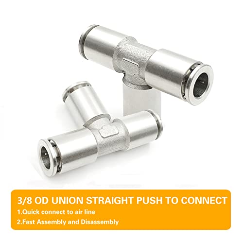 CEKER 3/8" Stainless Steel Push Connect Fittings - 3/8" x 3/8" x 3/8" OD Tube Quick Connect 3 Way Tee Shaped Air Line Fittings 2pack - size: 3/8" OD, style: TEE