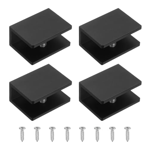 uxcell 4Pcs Glass Shelf Brackets, for 10-12mm Square Shape Glass Combination Fixing Mirror Bracket, Aluminum Alloy Clip Clamp with Screws for Glass/Wood Display Cabinet, Black - color: Black, size: 10-12mm
