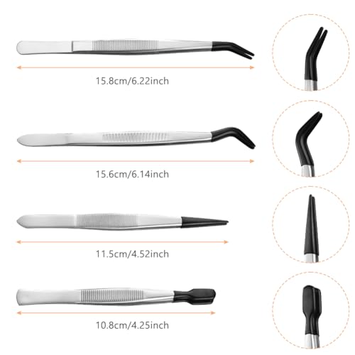Ainiv 4pcs Tweezers with Rubber Tips, PVC Coated Tweezers Set, Rubber Straight/Flat/Long Curved Tips Non Marring Tweezers for Jewelry Crystals Bead, Crafts Making, Lab Stainless Steel Tweezer Tool - color: 4pc Pvc Tweezers, size: 4pcs