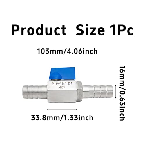 5/8” 304 Stainless Steel Mini Barb Ball Valve, Hose Shut Off Valve with Clamps, Corrosion Resistant Shut-Off Switch for Water, Gas, Fuel, Drip Irrigation - size: 5/8”