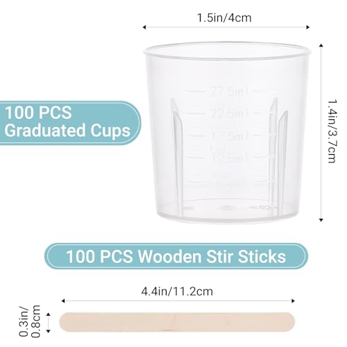 Gartful Resin Measuring Cups and Sticks, 200PCS Disposable Mixing Cups Set - 100PCS 30ml Graduated Measuring Cups and 100PCS Wooden Stir Sticks for Epoxy Resin, Glue, Paint Pouring - color: Clear cups+wooden stick, size: 30ml
