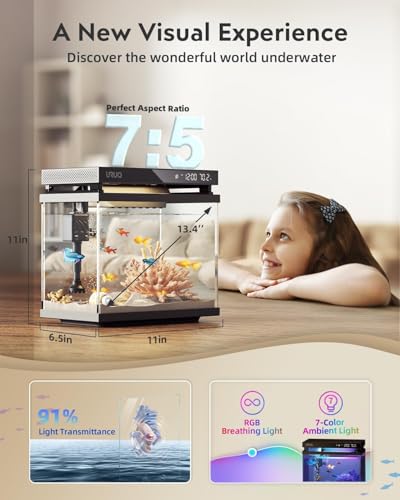 Fish Tank Smart Aquarium Kit: 2 Gallon UHD Glass Silent Water Pump Self Cleaning Multi-Layer Filtration System - Temperature Sensing 7-Color Lighting for Small Fish Betta Room Desktop Decor - Black - color: Black
