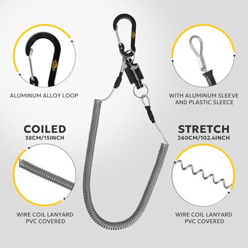 SF Strongest Magnetic Net Release Magnetic Keychain Fly Fishing Net Retractor Magnet Clip Holder Retractor with Retractable Coiled Lanyard Carabiner - color: Black Magnet+ Black Aluminum Alloy Hook